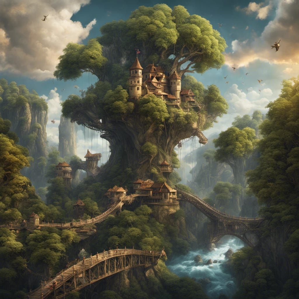 Fantasy Landscape with Dragons and Floating Hills