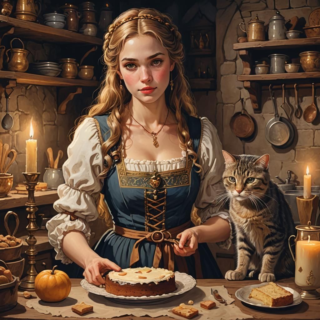Medieval Maiden Baking Cake by Candlelight