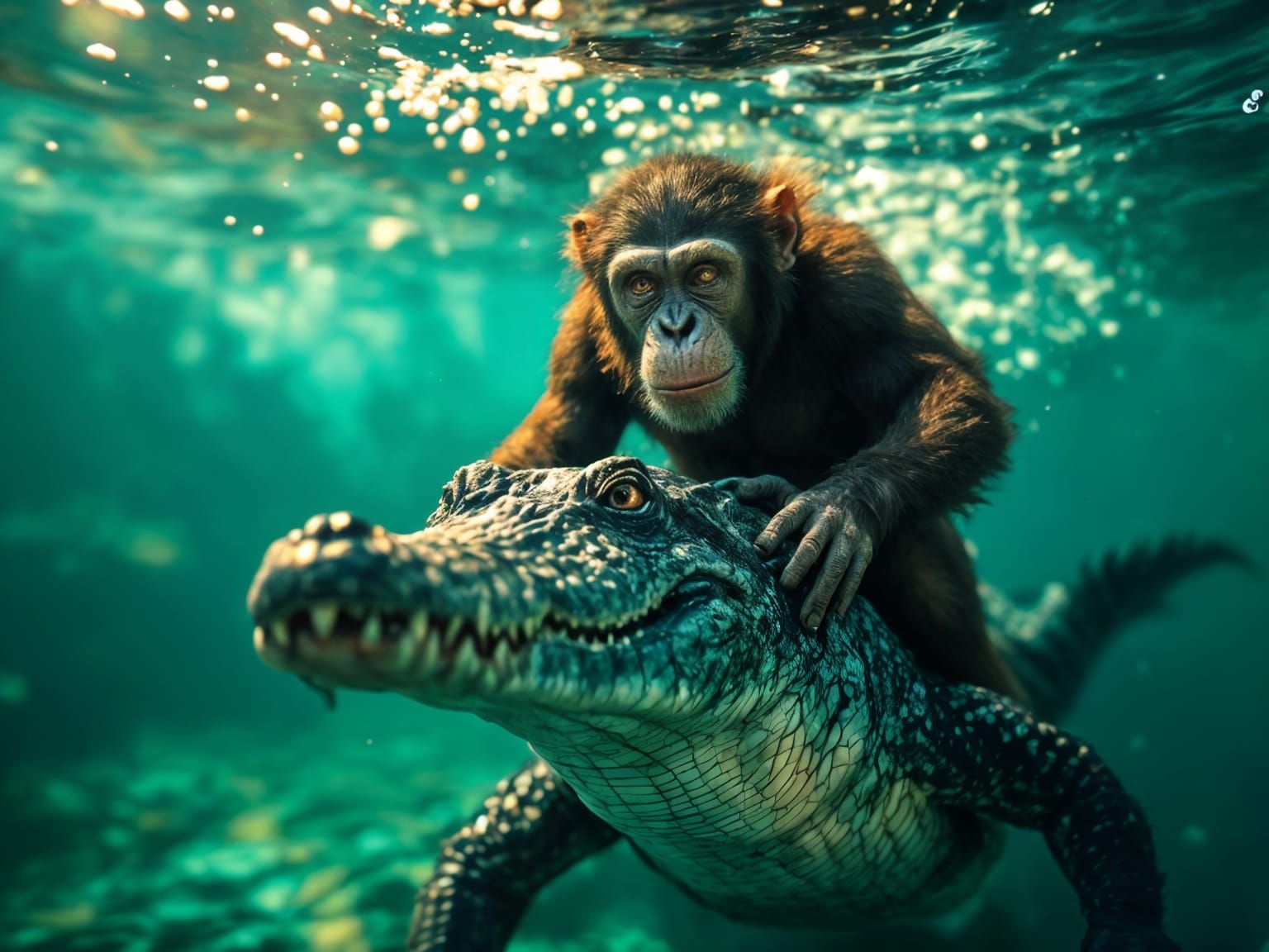 Chimpanzee Rides Majestic Crocodile Underwater in Dreamlike...