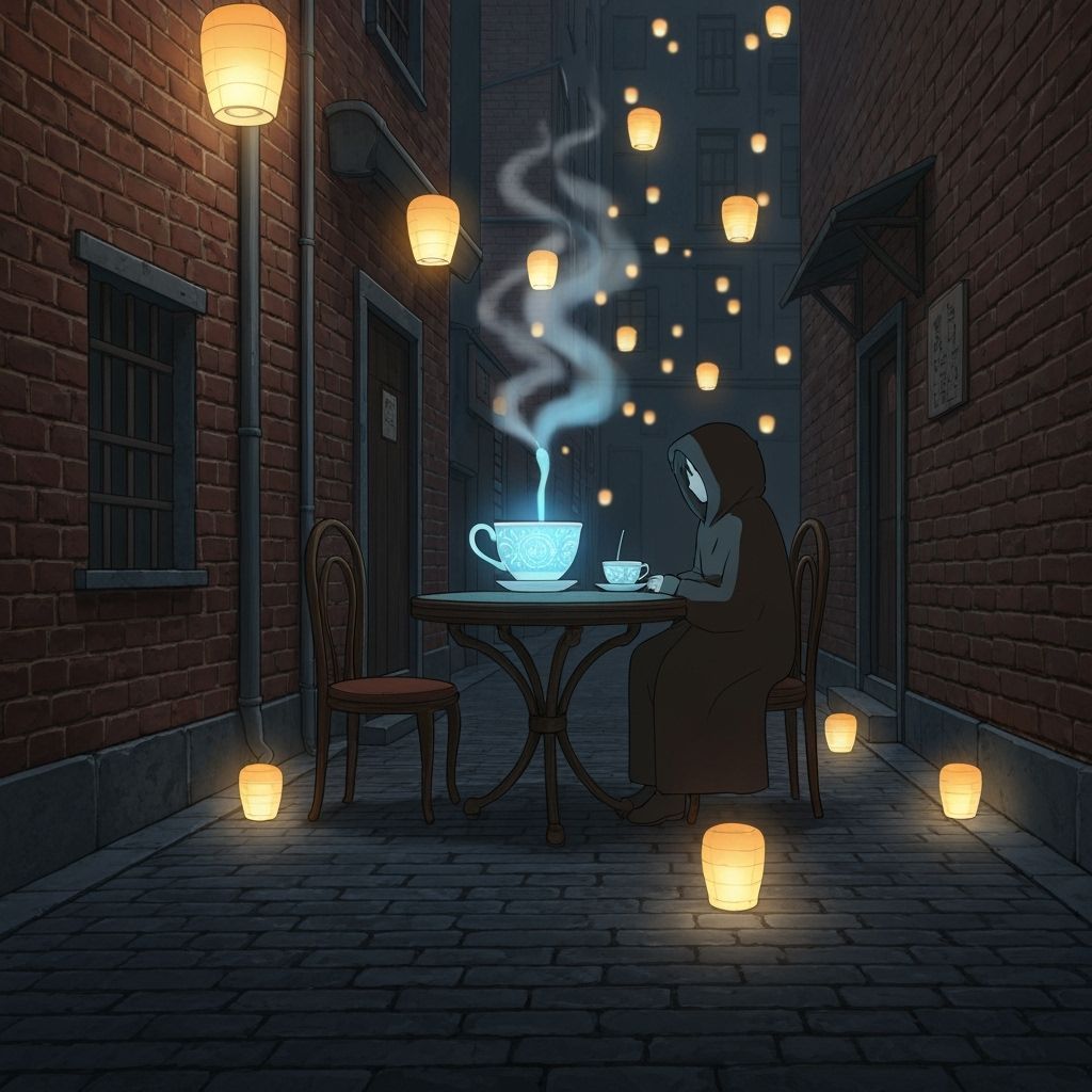 Mysterious Figure in Enchanting Alleyway Cafe