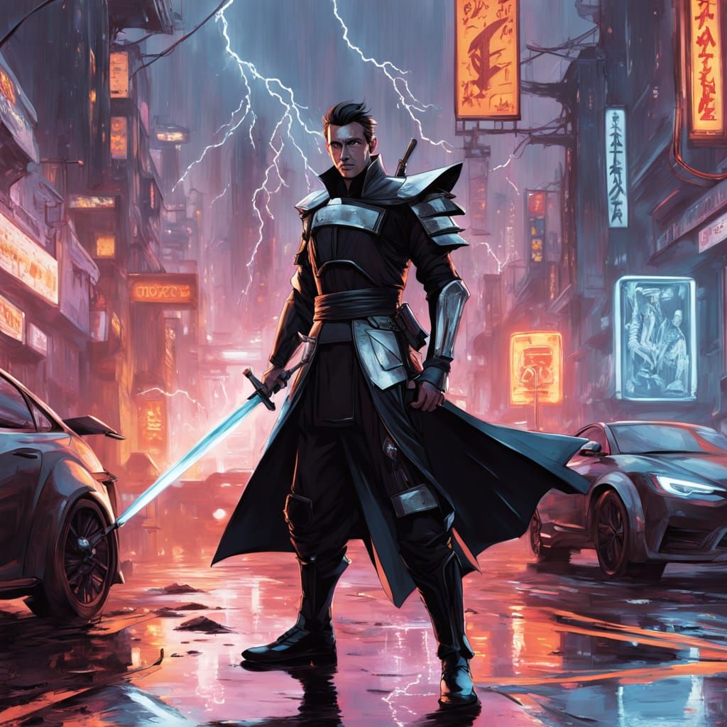 Tesla Cyberpunk Samurai Warrior in Neon Cityscape