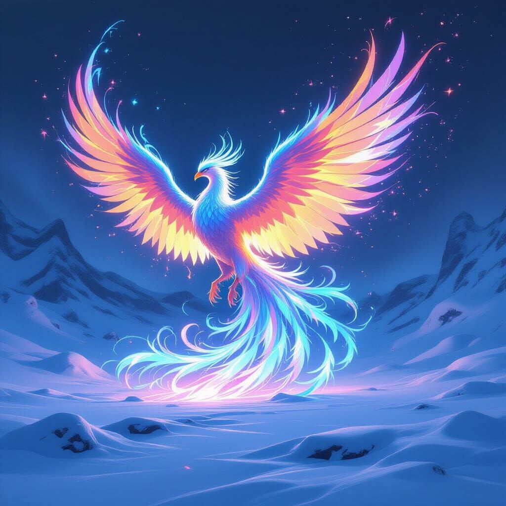 Majestic Bioluminescent Phoenix in Winter Landscape