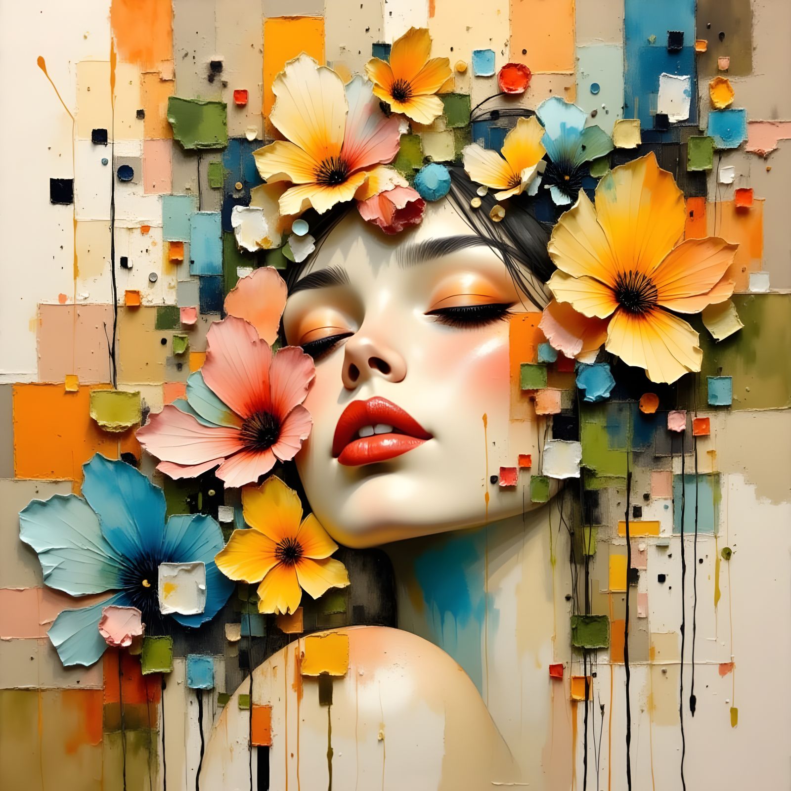 Impasto Portrait of Woman with Wildflowers