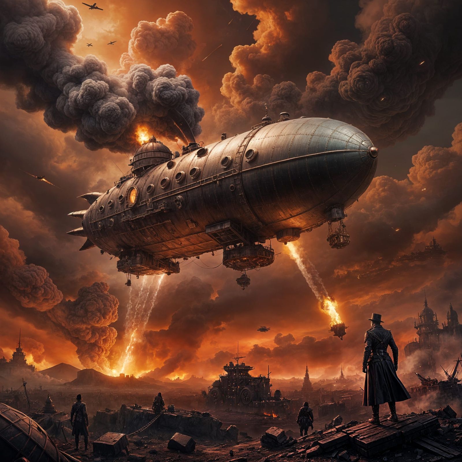 Steampunk Zeppelin Over Battlefield in Dark Fantasy Style