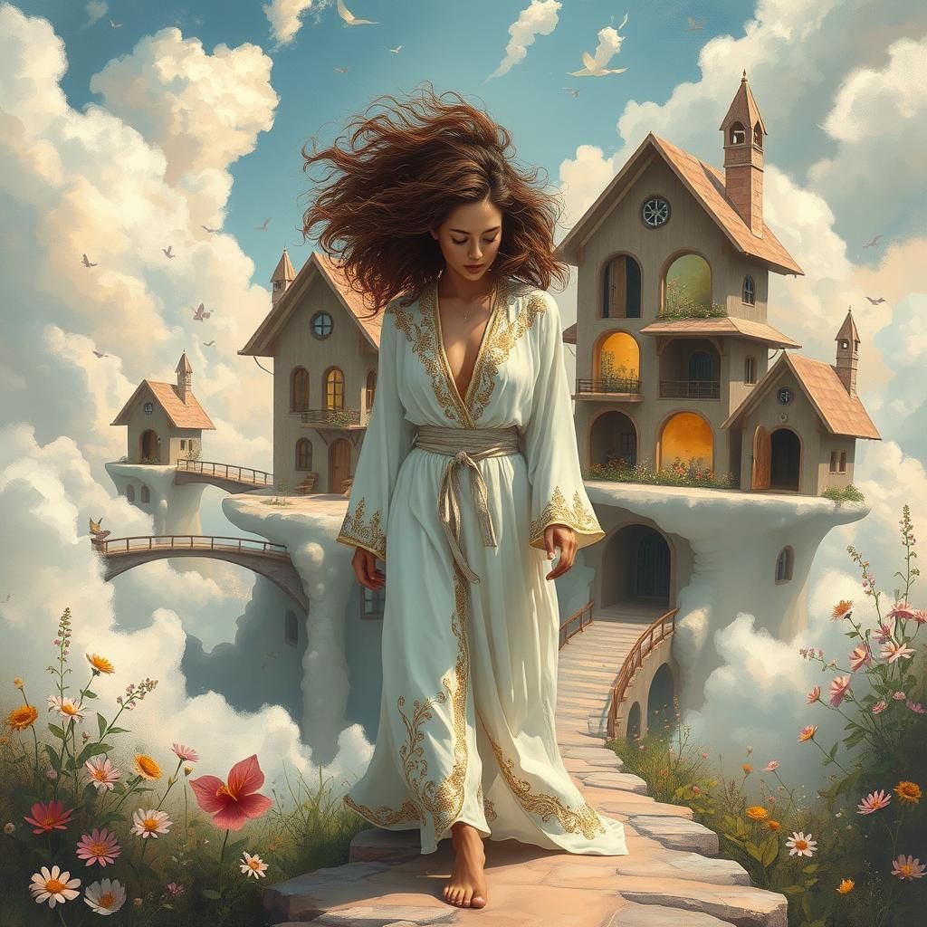 Surreal Dreamscape: Woman in a Cloud House Landscape