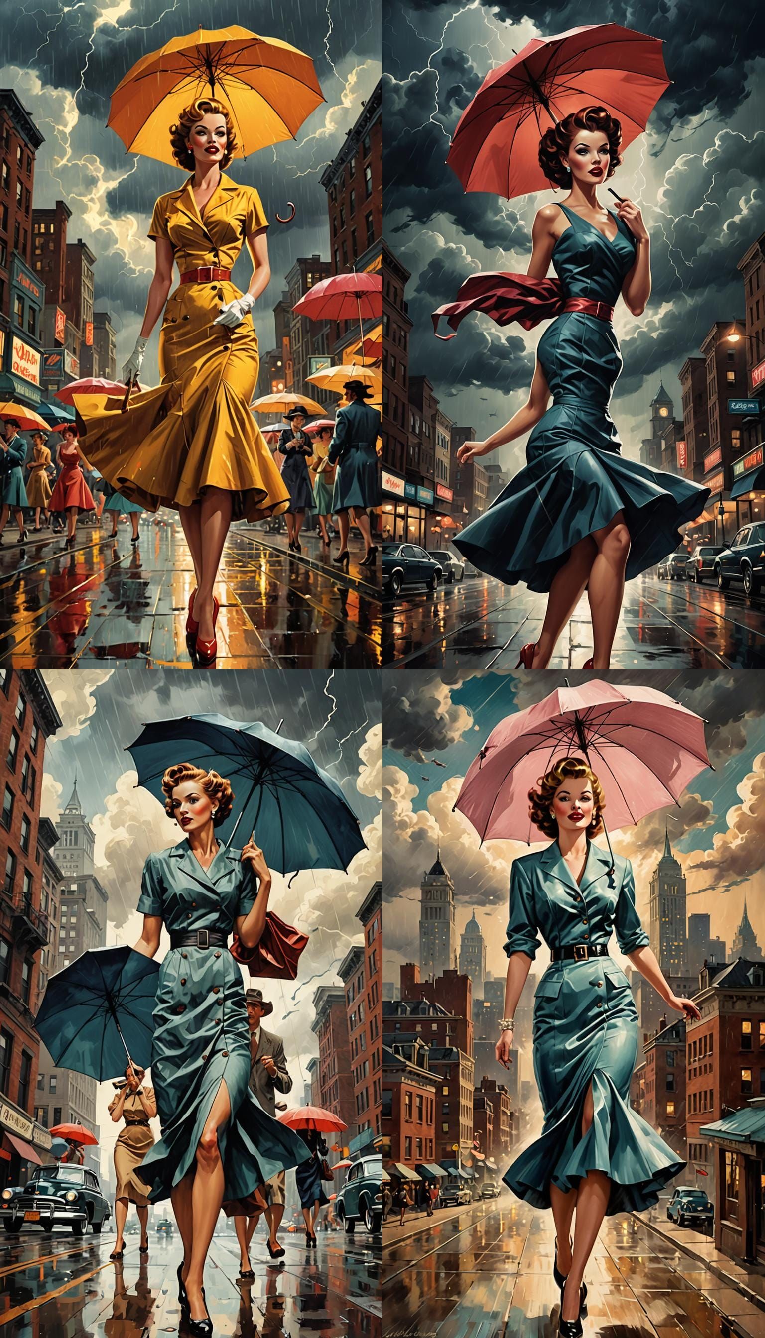 1940s Illustration: Stormy City Scene with Pin-Up Girl