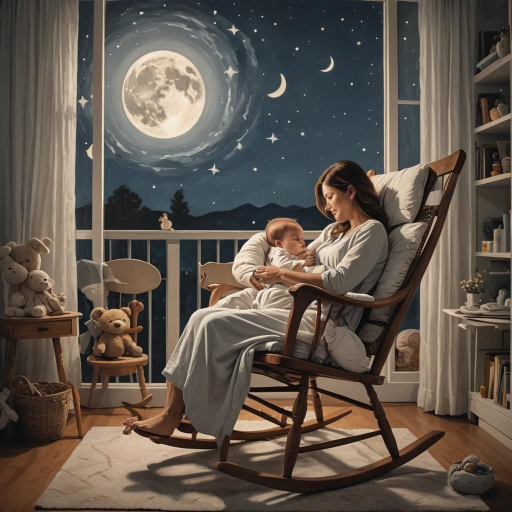 Mother Rocking Baby to Sleep by Moonlight