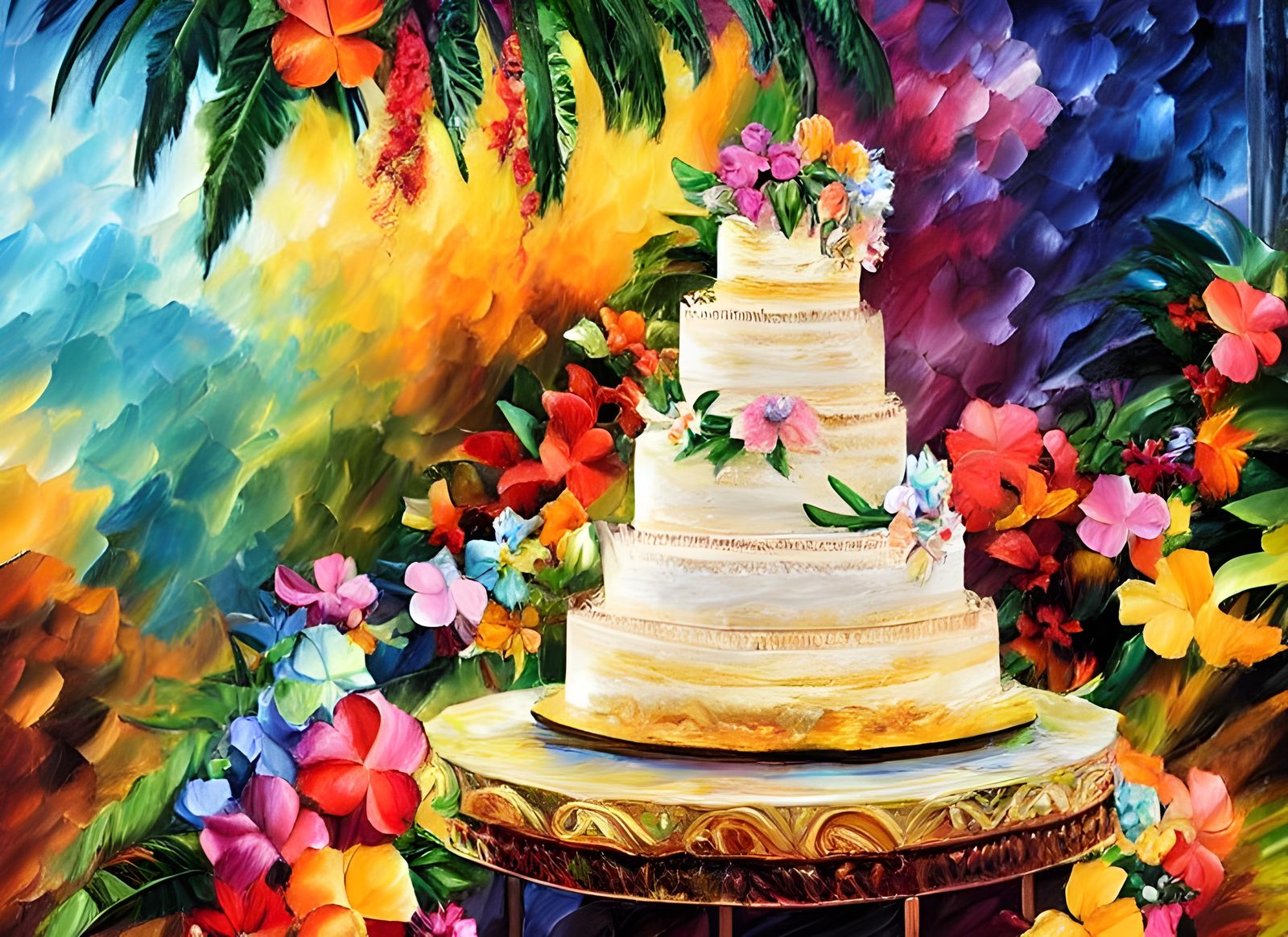 Tropical Wedding Cake in Iridescent Matte Painting Style