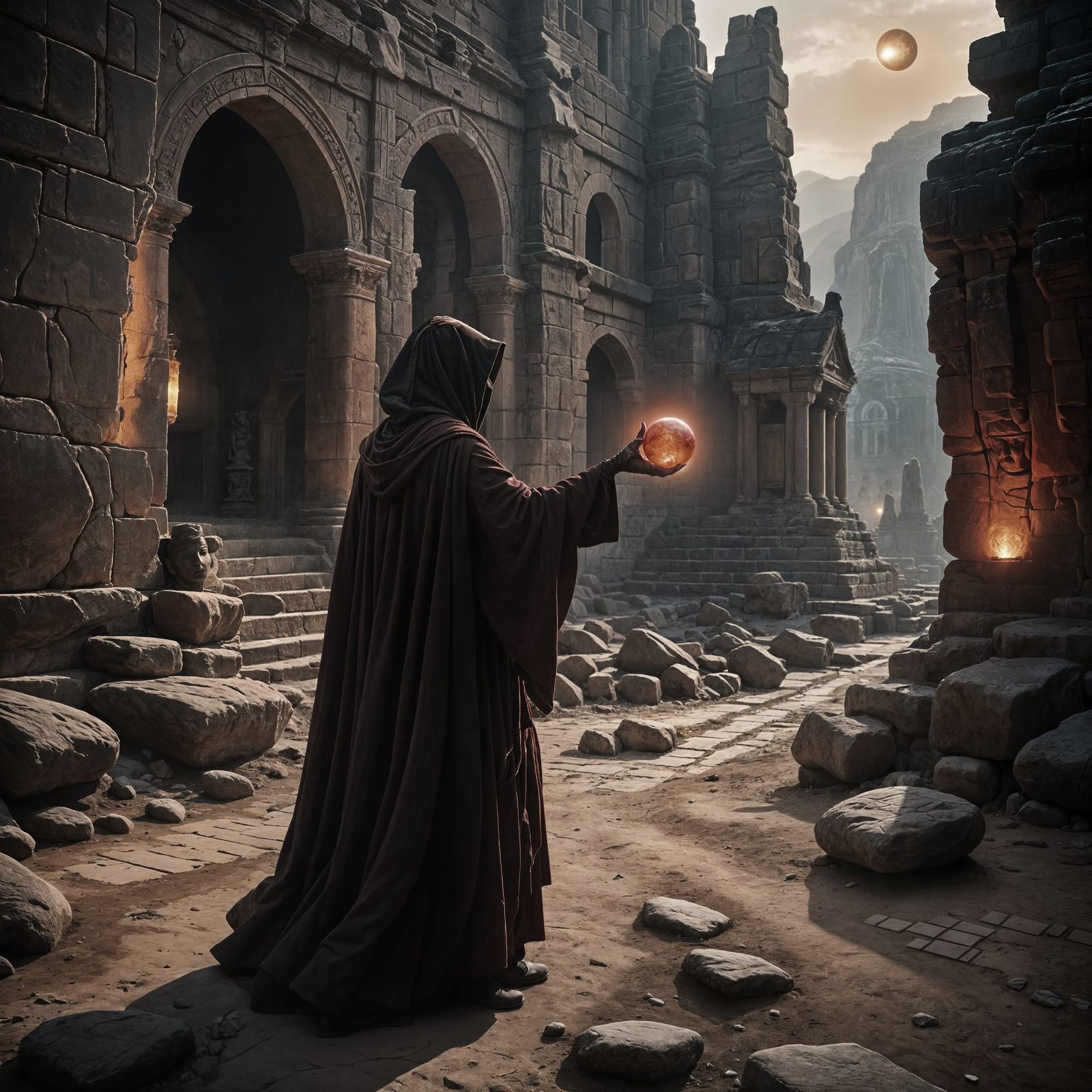 Mystical Figure with Glowing Orb in Cinematic Lighting