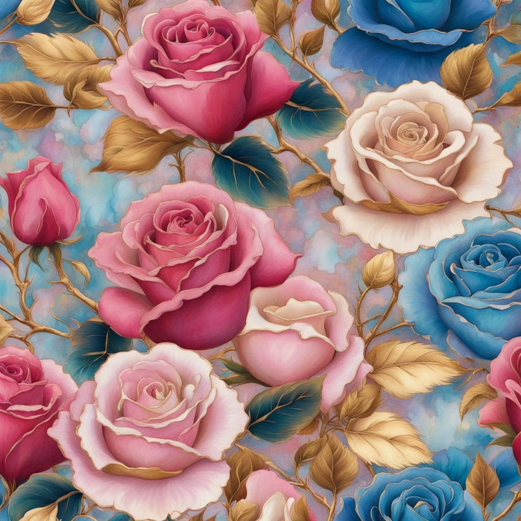 Floral Wallpaper with Gold Enamel Roses