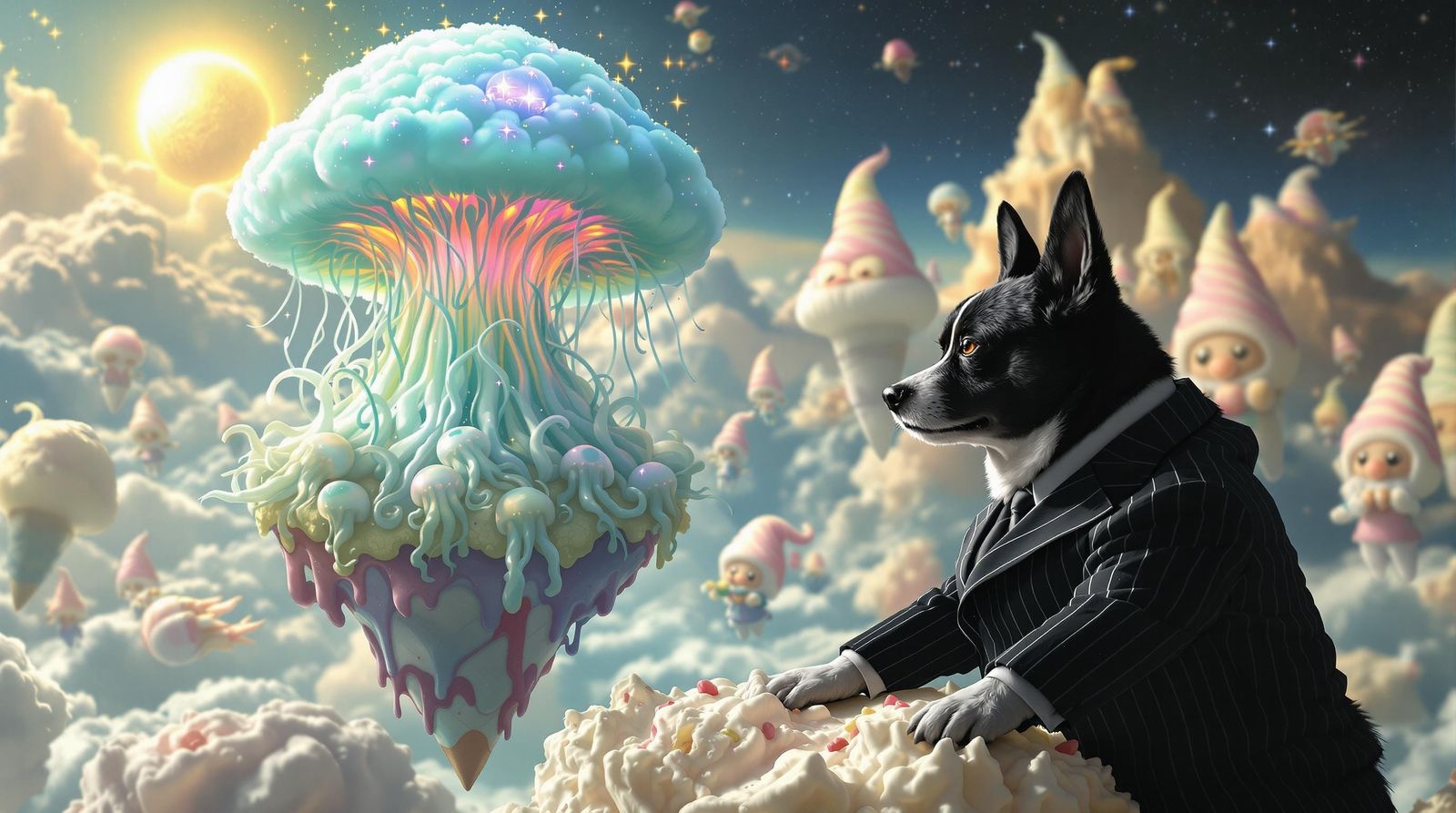 Corgi Negotiates with Jellyfish Cloud on Ice Cream Sundae