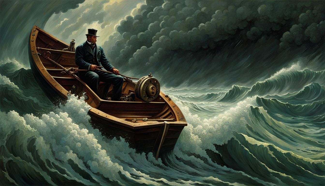 Steampunk Rowboat in Stormy Sea with Enormous Waves
