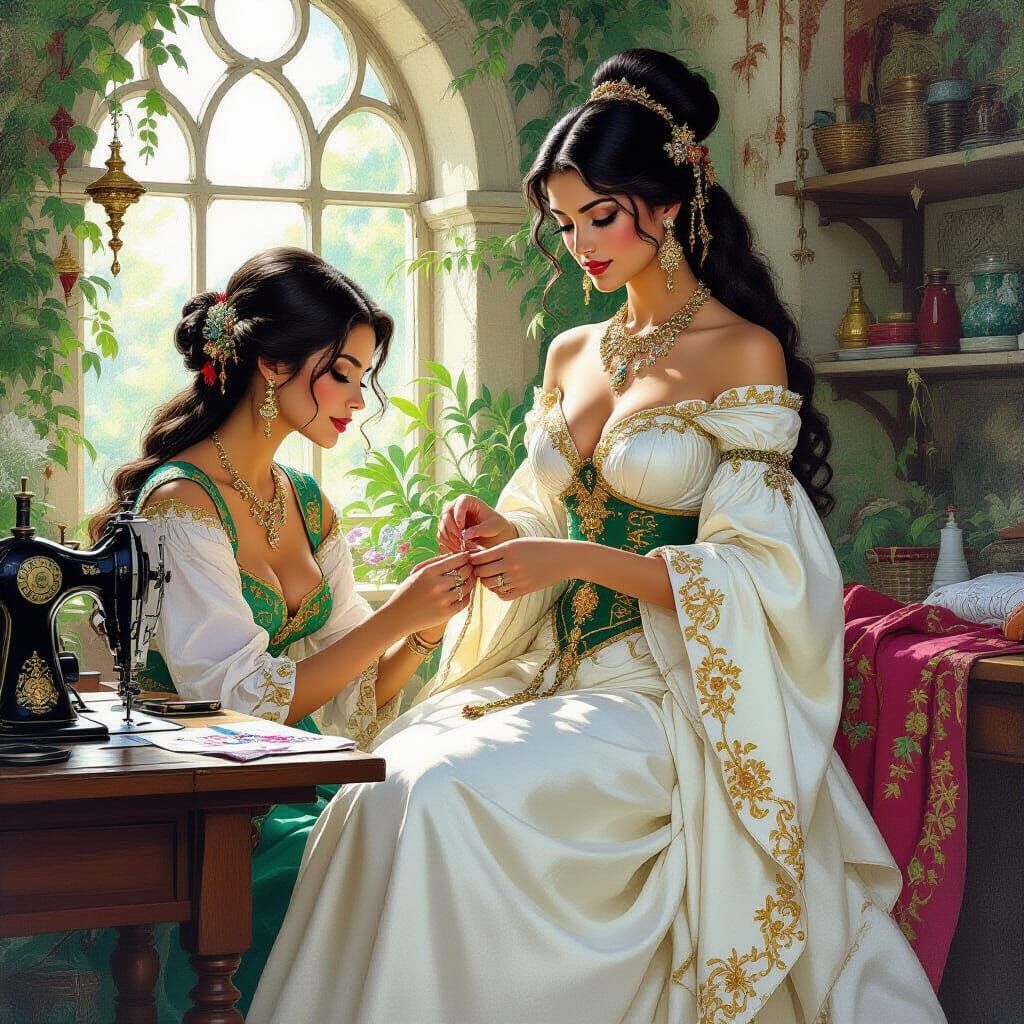 Tailor Sewing Gown for Goddess in Fantasy Workshop