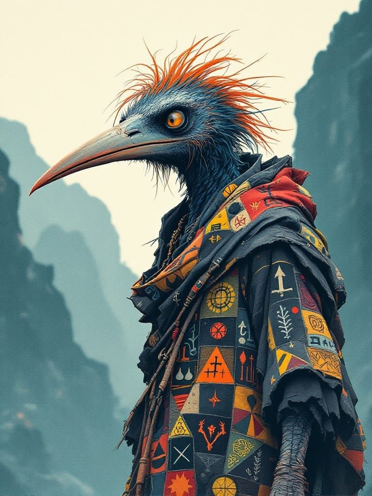 Risograph Printed Avian Figure with Vibrant Colors and Grain...