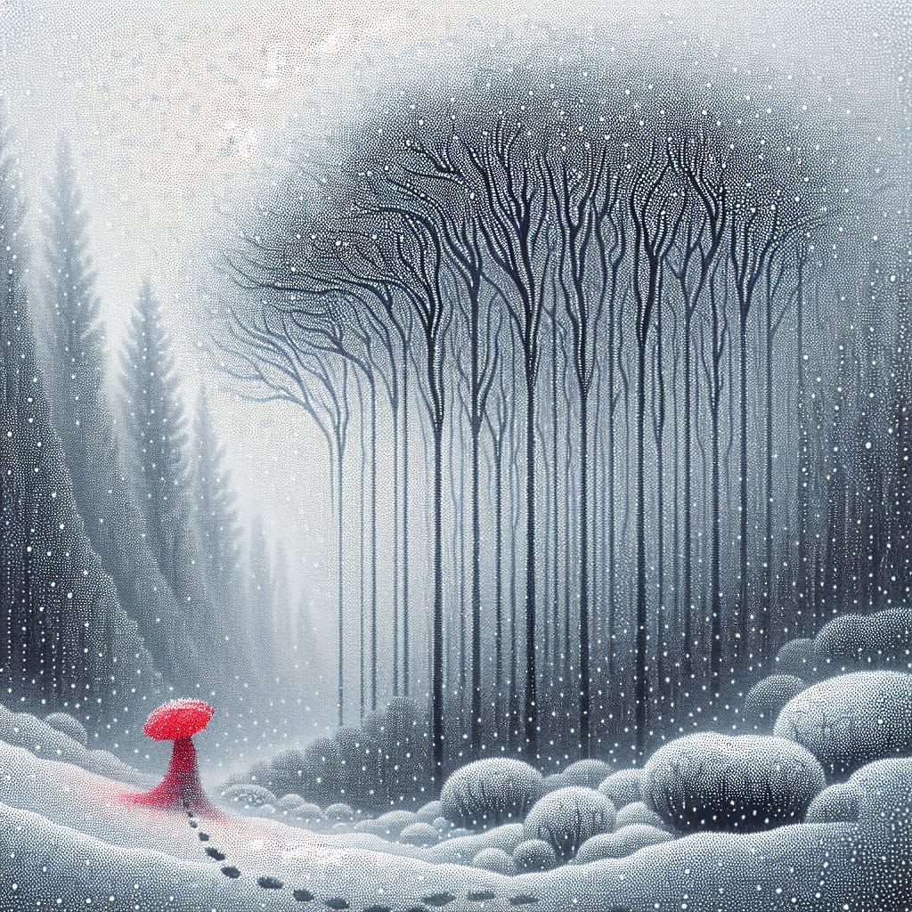 Ethereal Gray Landscape with Mysterious Figure and Red Umbre...