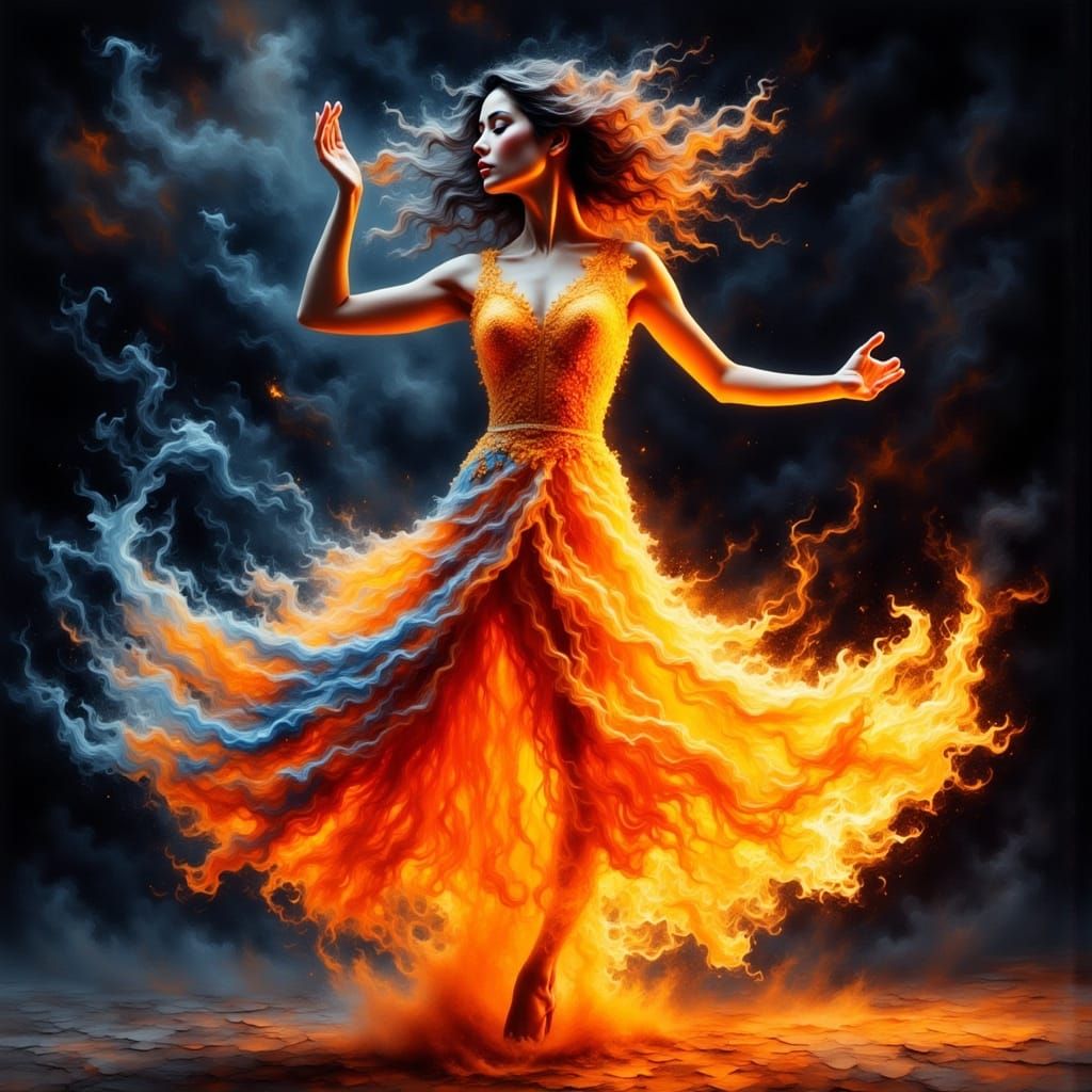 Woman in Fire Sculpture Dance, Fluid Ink Wash Style
