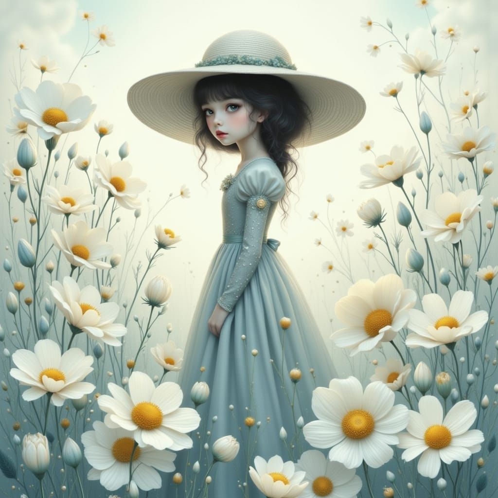 Girl in Floral Dreamscape: Surreal Pop Art