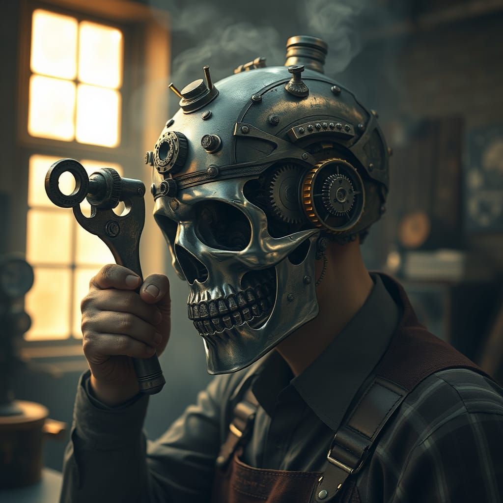 Steampunk Man Opens Tin Head Revealing Gears