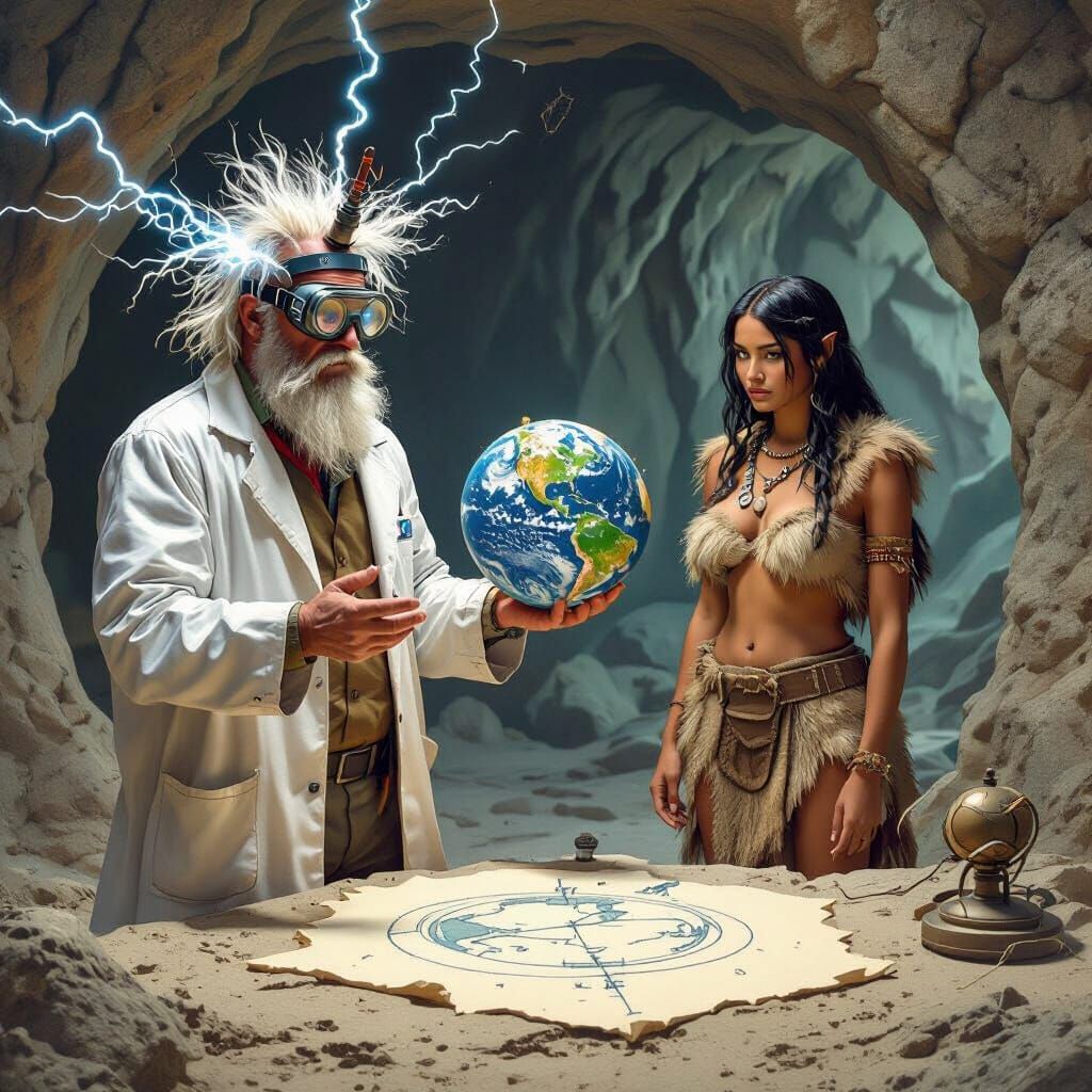 Scientist with Globe Faces Cave Person Drawing Map