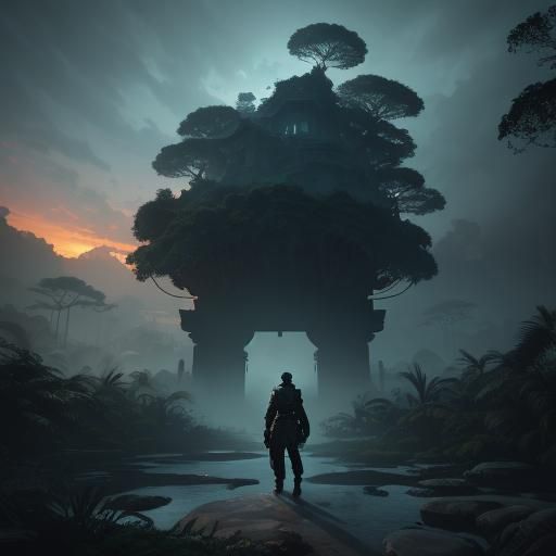 Salaryman at Jungle City Gate: Matte Painting