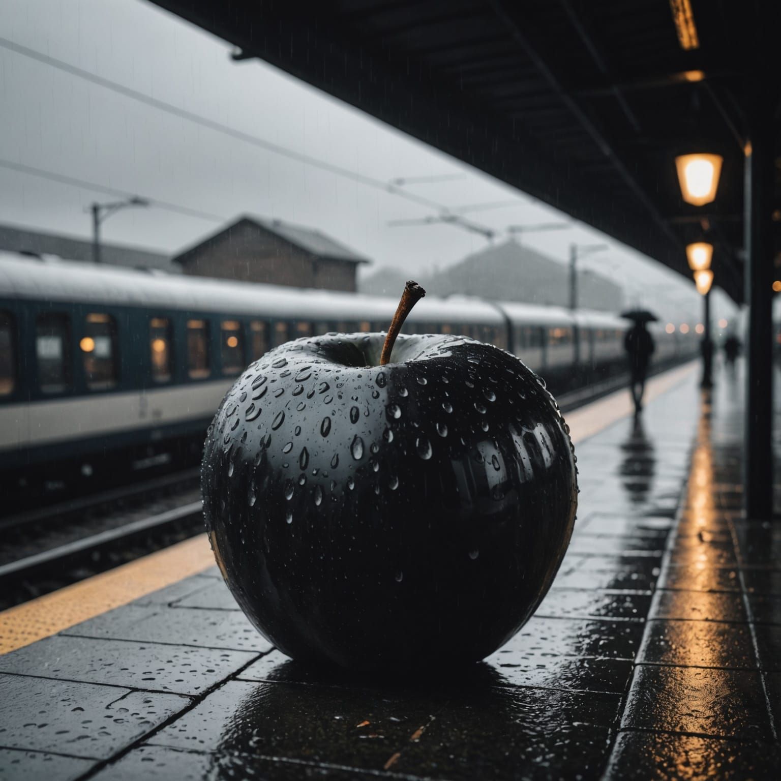 Surreal Giant Apple in Rainy Train Station