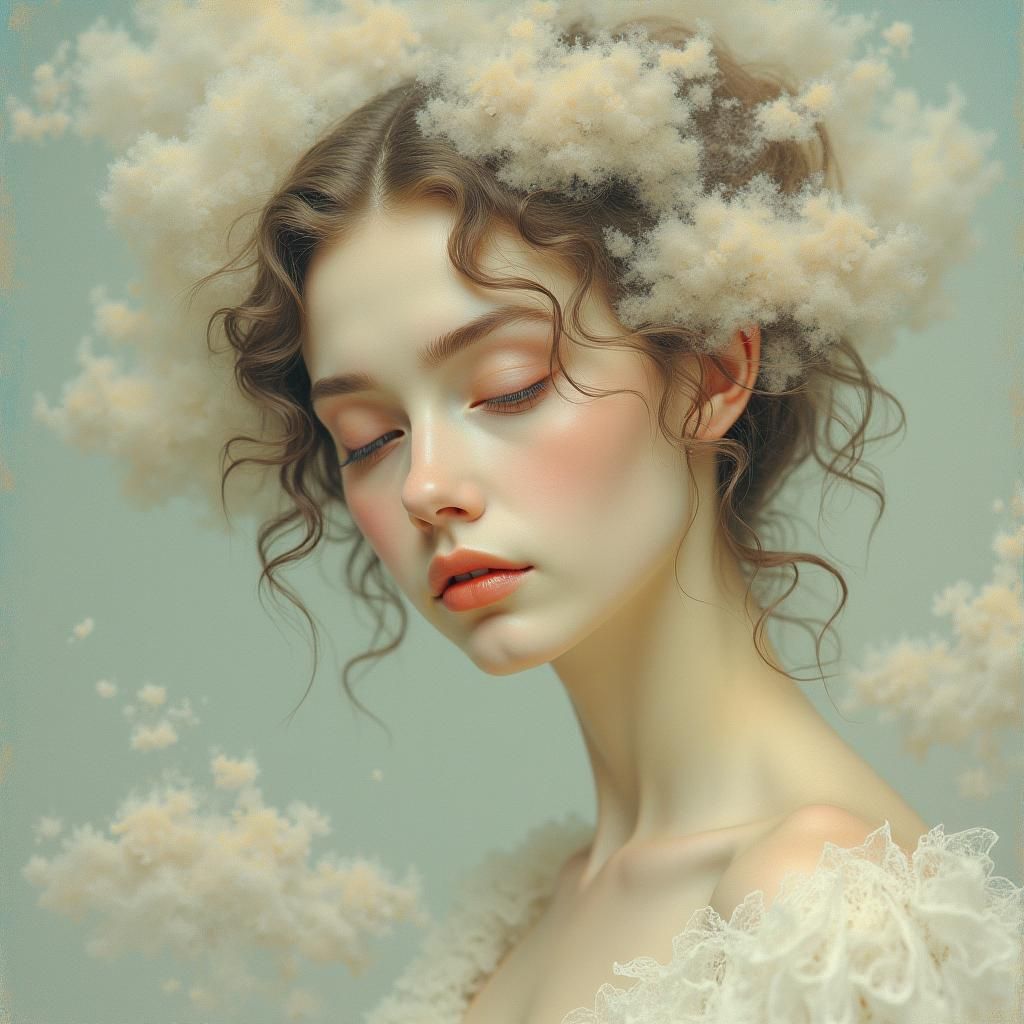 Ethereal Woman in Pastel Clouds: Dreamlike Illustration