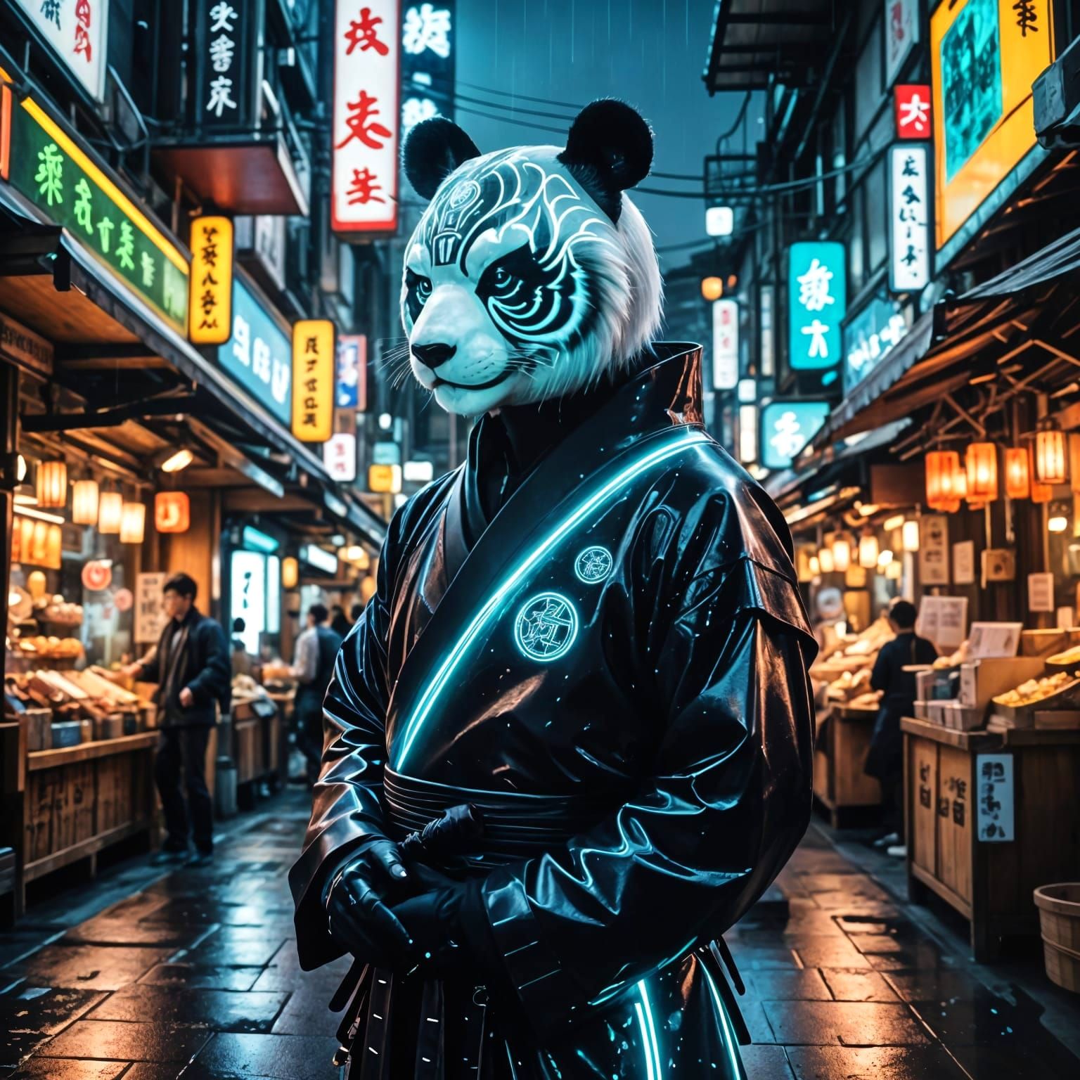 Glowing Panda Samurai in Neon-Lit Cyberpunk Market