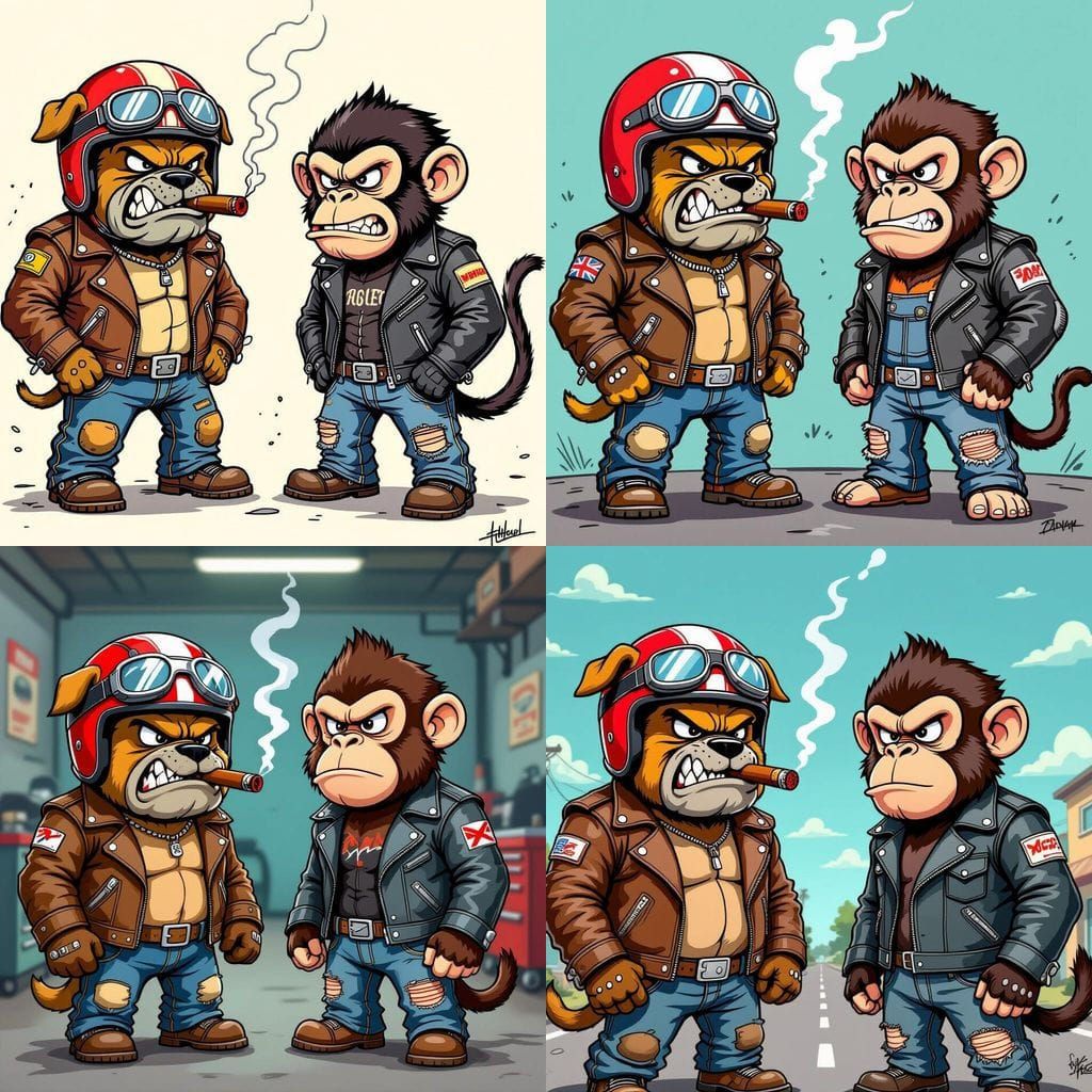 Cartoon Bulldog and Monkey Motorcycle Mechanics