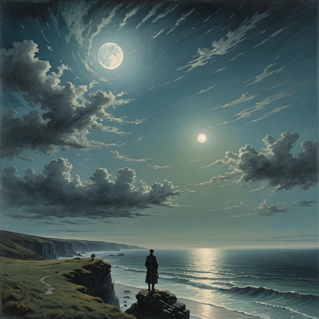 Mystical Moonlit Figure Overlooking Dark Ocean