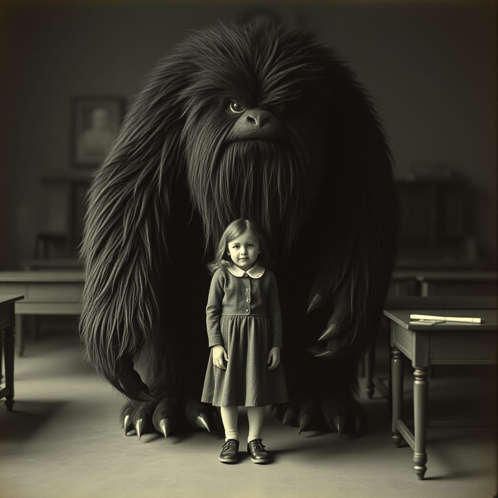 Girl and Furry Monster at School, Vintage Photography Style
