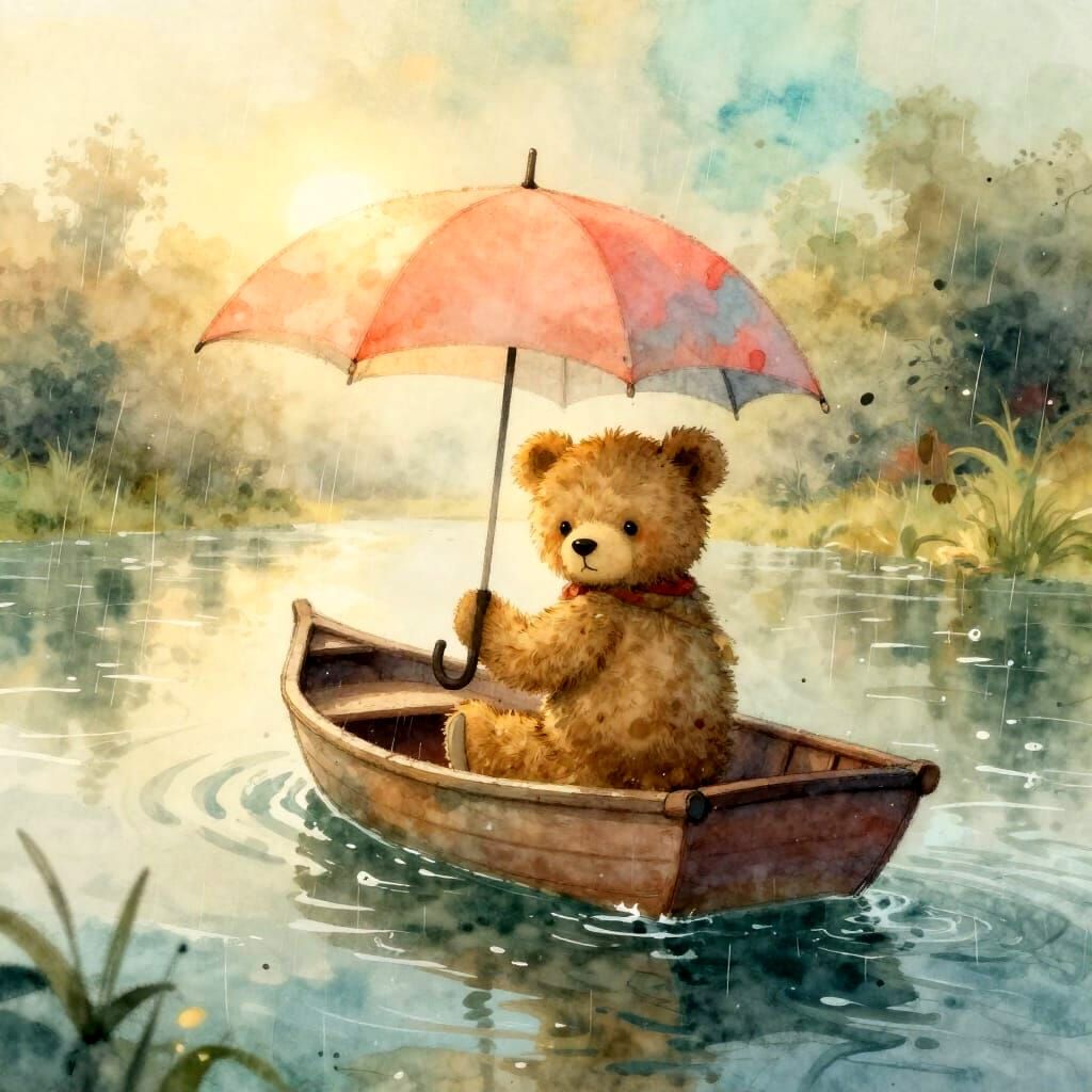 Teddy Bear's Magical River Journey in Watercolor