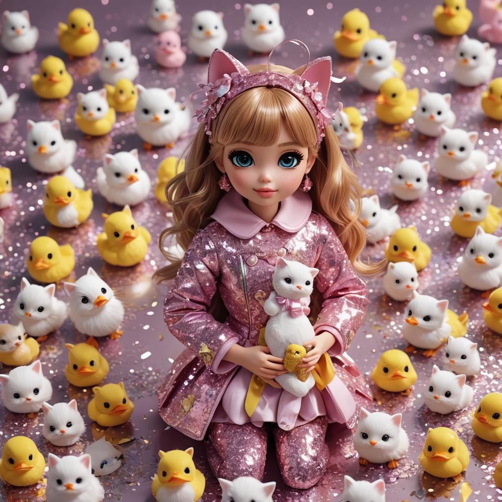 Kittens as Barbie Dolls in Duck Costumes: 3D Anime Art