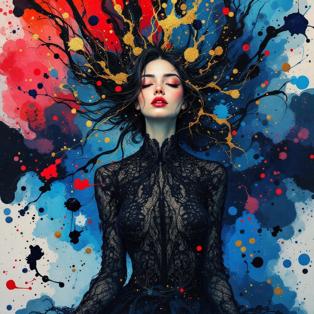 Woman in Ink Splatter Art, Contemporary Style