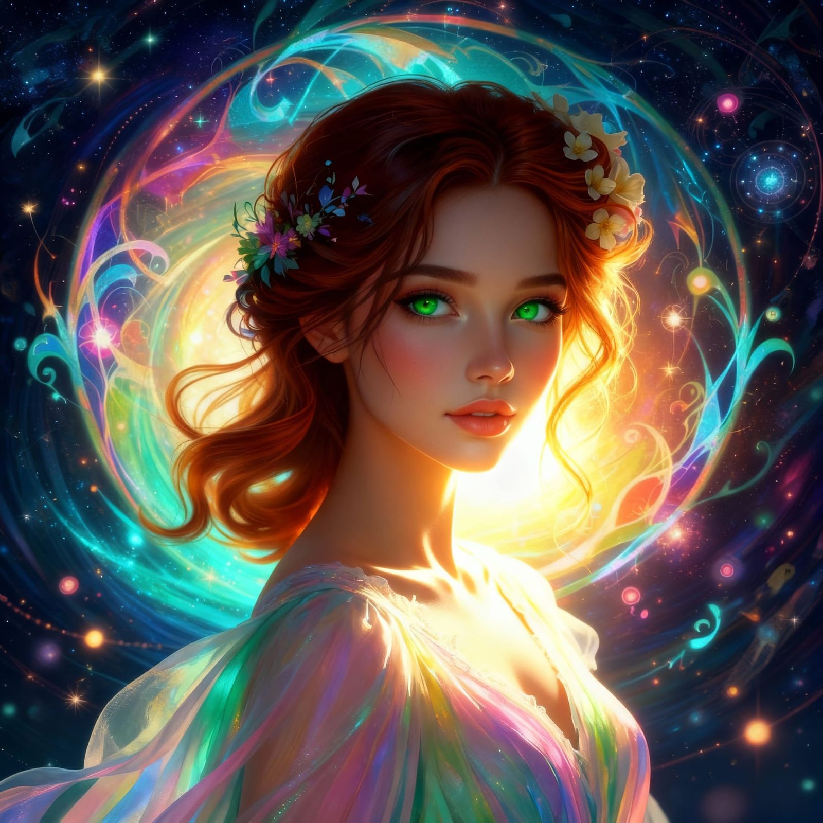Ethereal Woman With Emerald Eyes and Flower Adornments