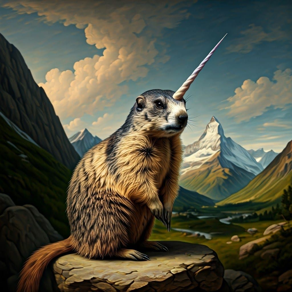 Mystical Marmot Unicorn Amidst Majestic Mountains