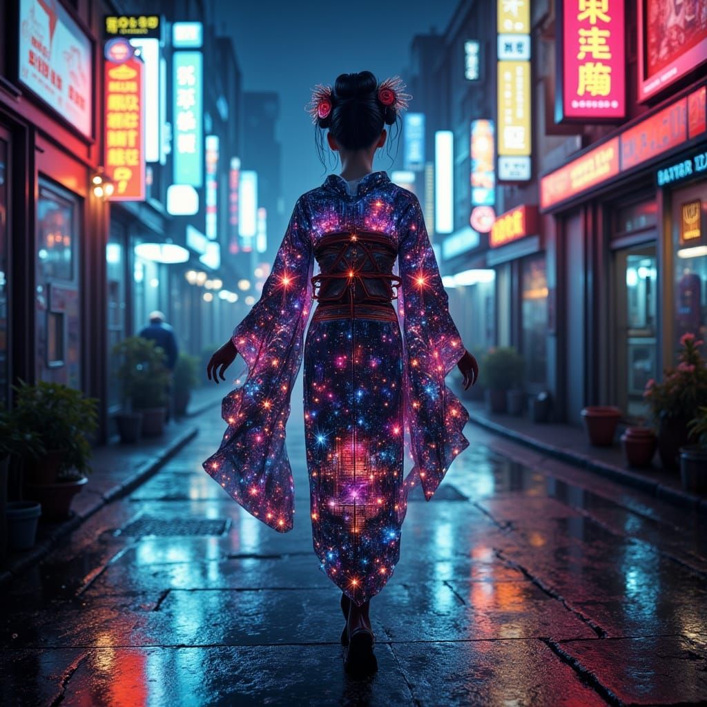 Cyberpunk Geisha Dances in Neon Alley