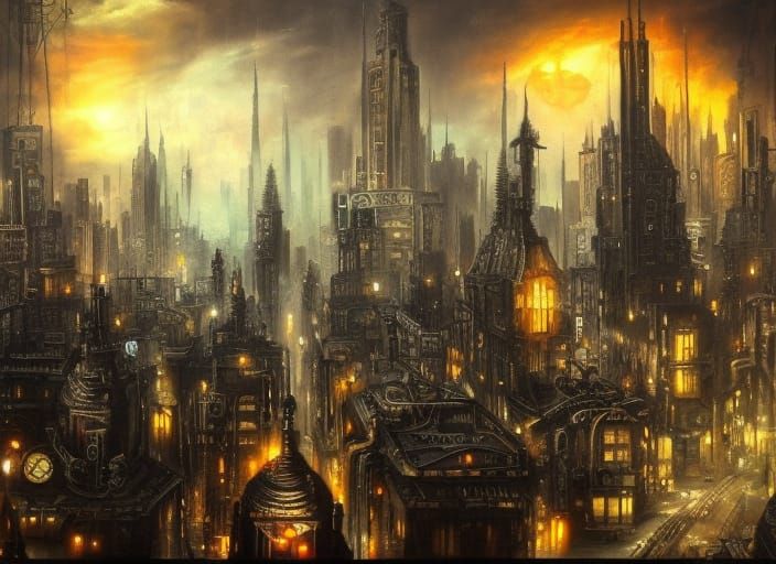 Steampunk Gotham Cityscape in Digital Art Style