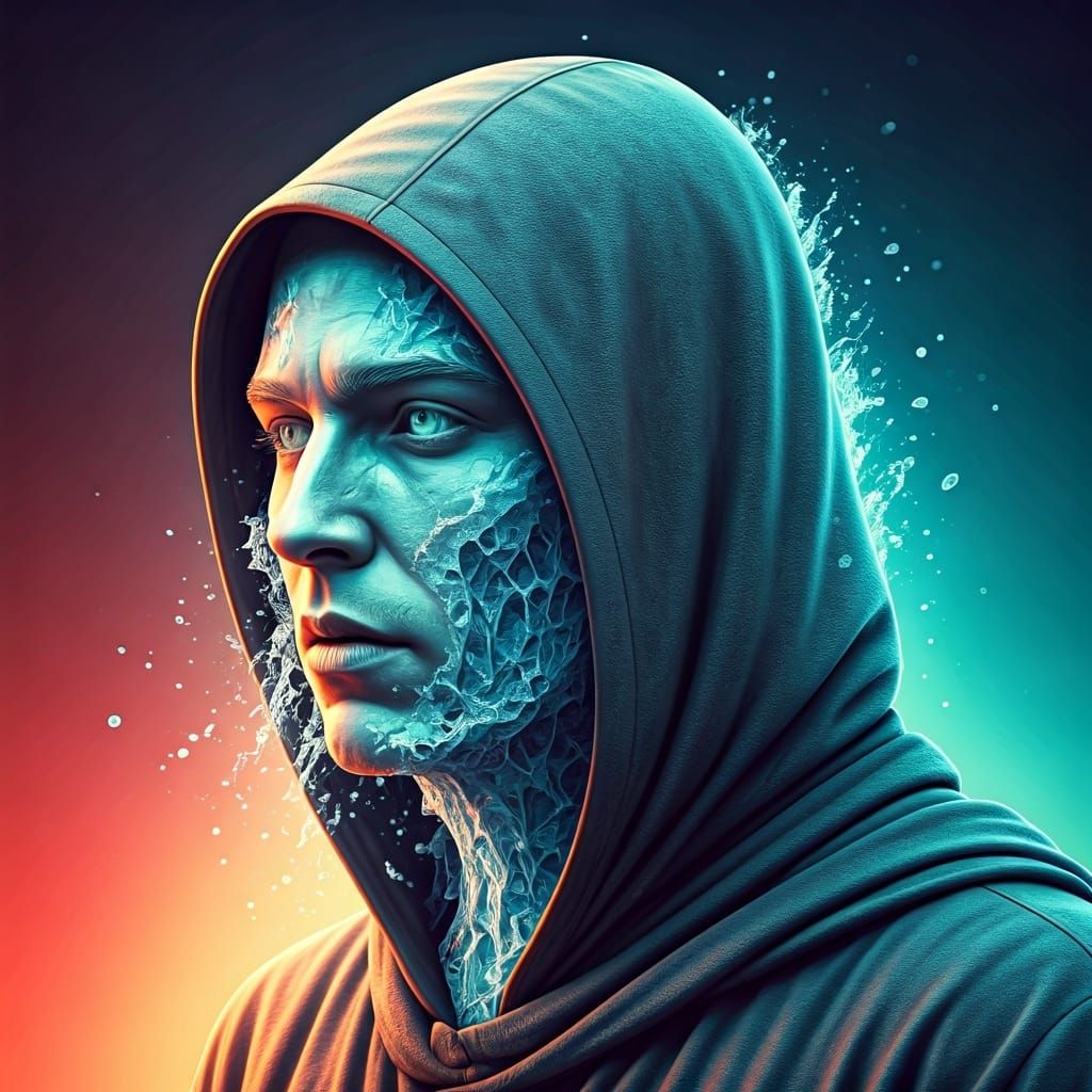 Hooded Figure Dissolving into Ice Reveals Landscape