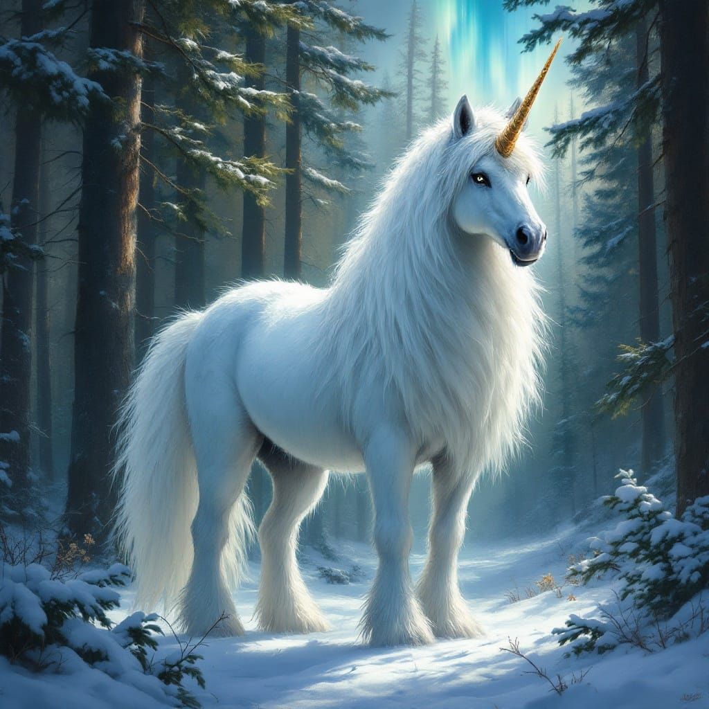 Majestic Siberian Unicorn in Dark Mystical Realism