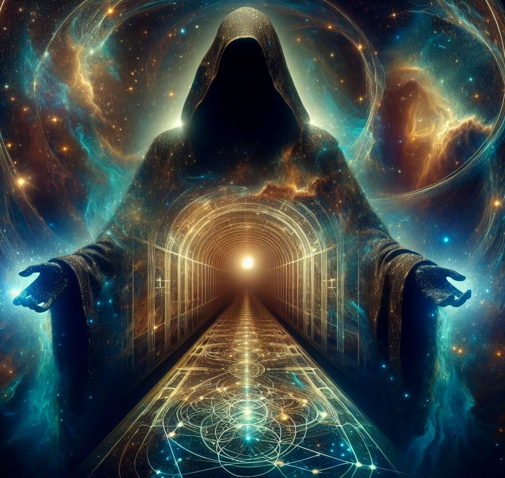 Enigmatic Figure Unveils Celestial Hallway in Dark Cloak