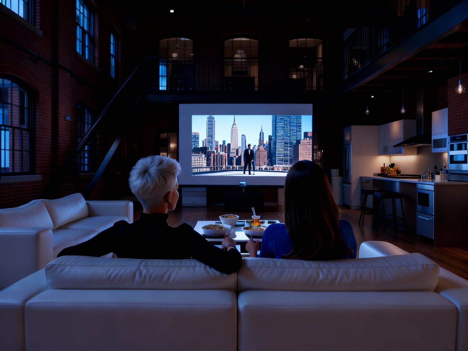 Cinematic Loft Scene: Two Women Enjoying Movie Night