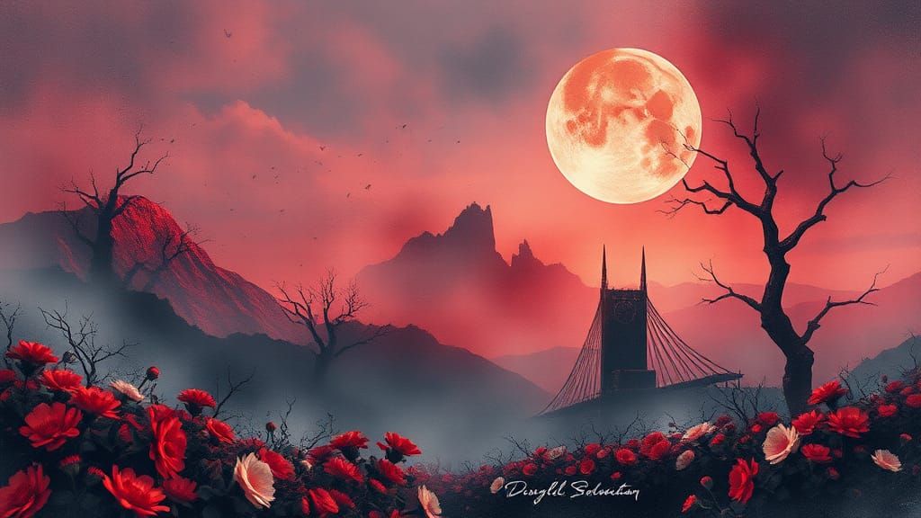 Bloodmoon Landscape in Digital Watercolor Style