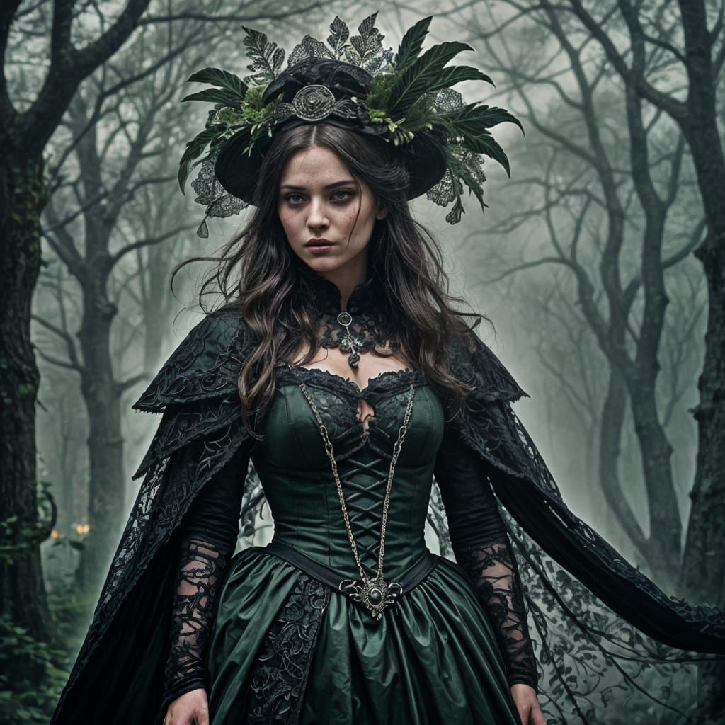 Woman in Green Cloak with Raven, Dark Fantasy Art