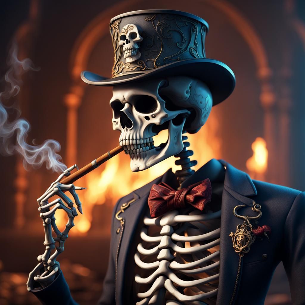 Fantastical Skeleton Smoking Cigar: Detailed Matte Painting