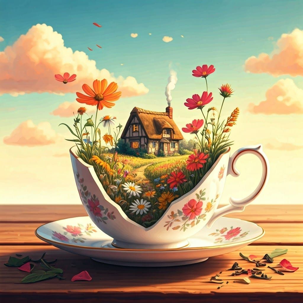 Watercolor Teacup Scene with Tiny Country House