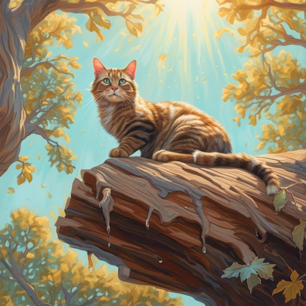 Cat on Tree Stump in Dreamy Pastel Illustration