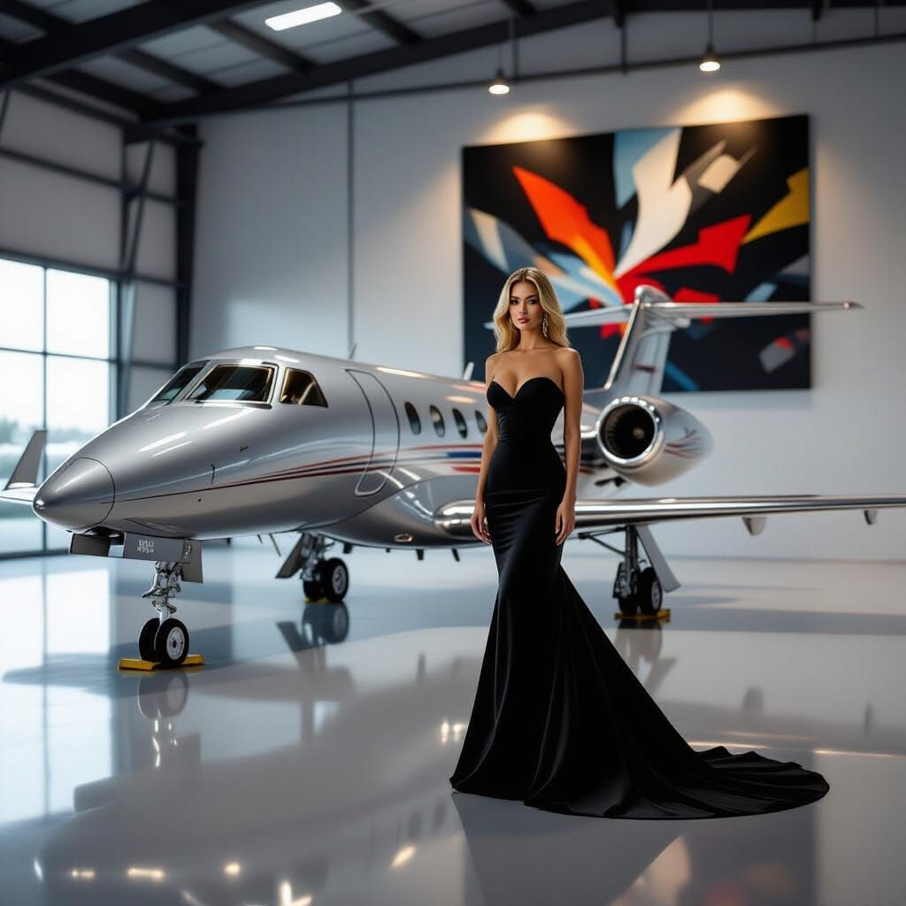 Learjet in Hangar with Woman and Abstract Art