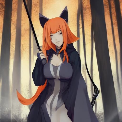 Anime Woman with Fox Features Surrounded by Foxes