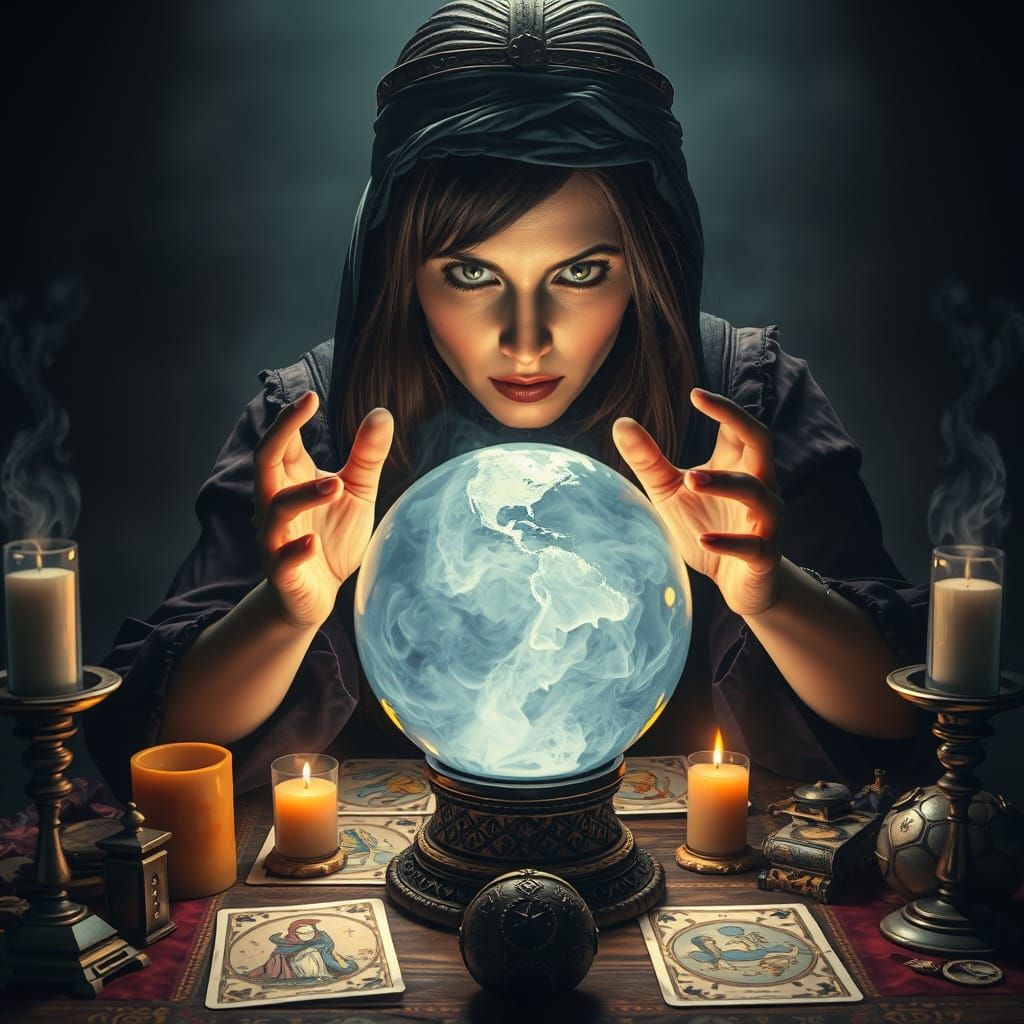 Enigmatic Fortune Teller with Crystal Ball in Matte Painting...