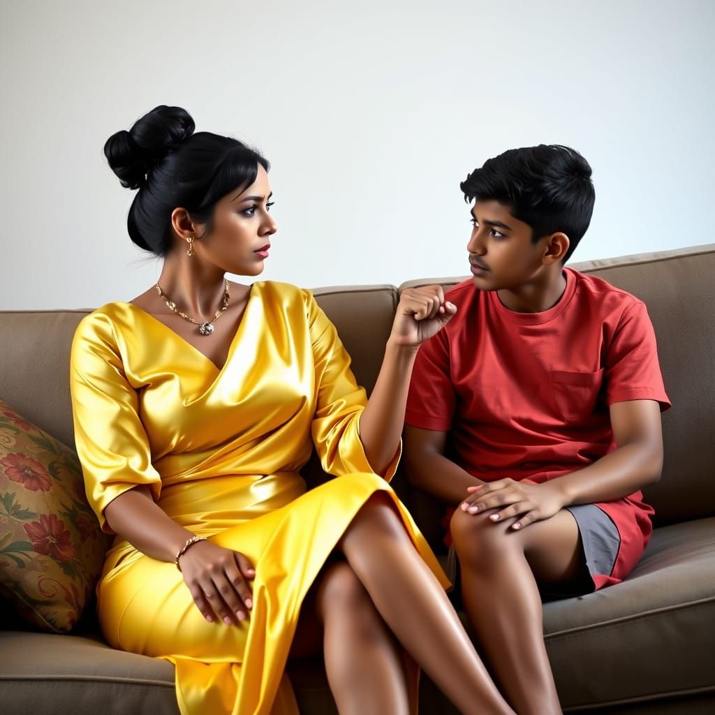 Indian Woman in Yellow Silk Outfit on Sofa
